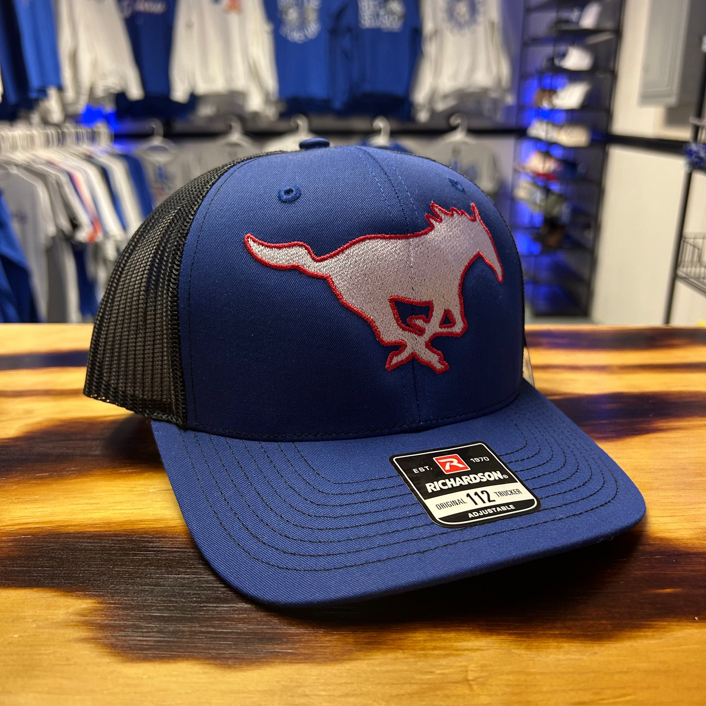 Black and Blue with Red and White Running Mustang Richardson Snapback