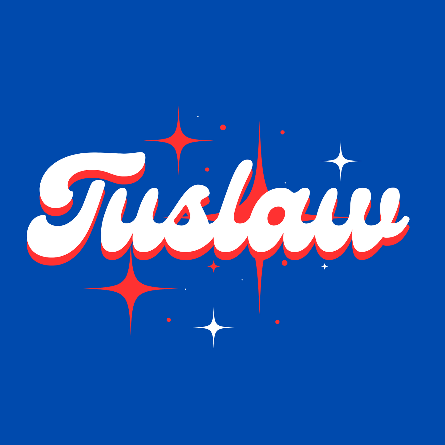 Word 'Tuslaw' in white with red and blue accents on a blue background