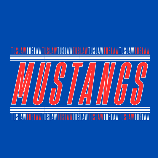 Red 'Mustangs' text on a blue background with 'Tuslaw' branding.