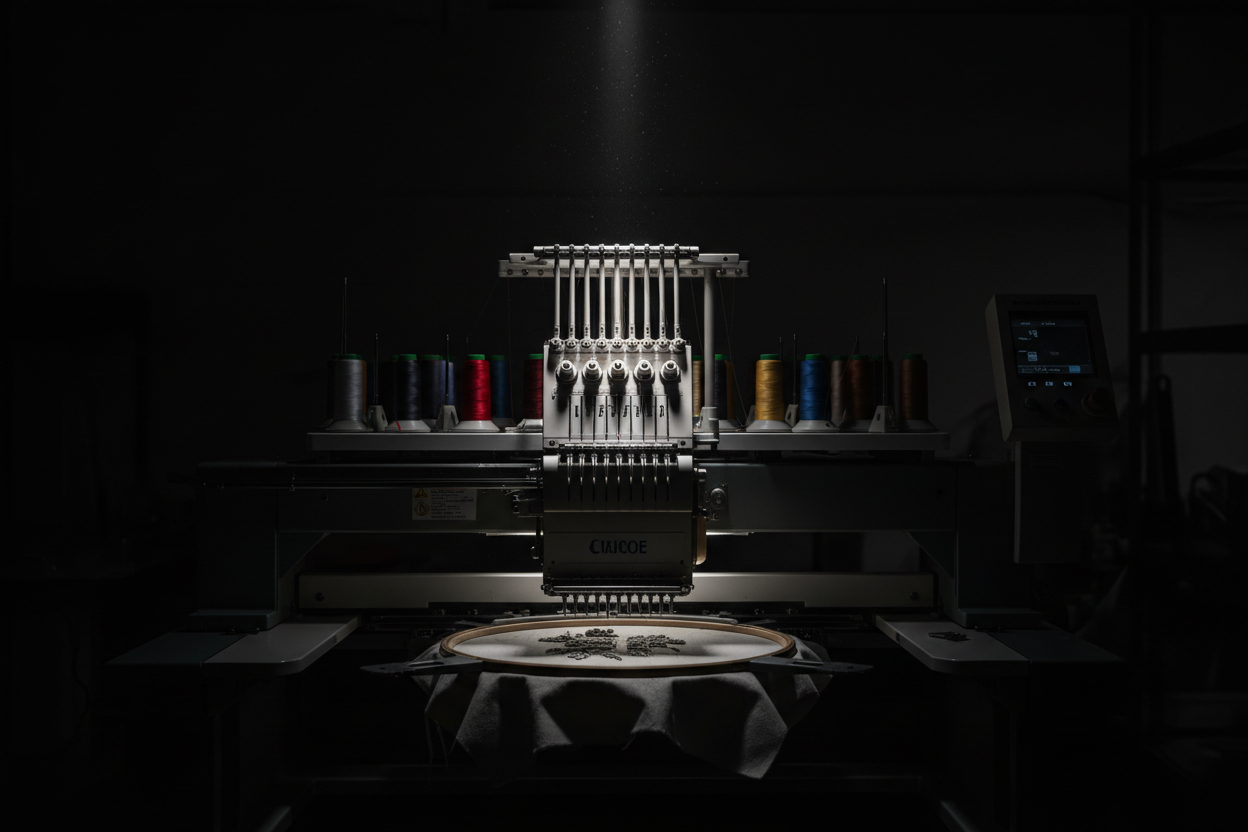 Embroidery Machine in a dark environment with a spot light
