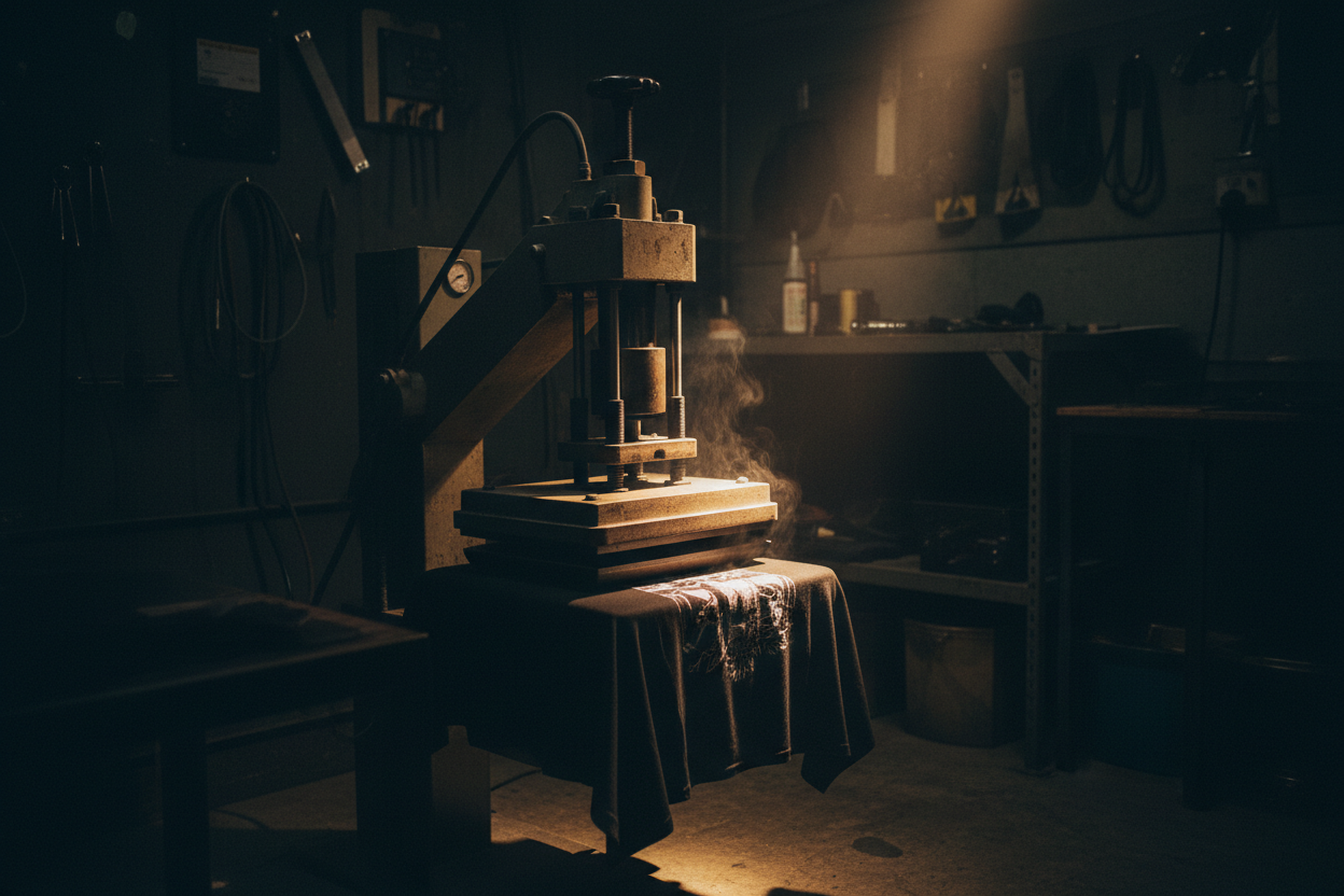 Heat press pressing down a tee shirt in a dark environment with a spot light