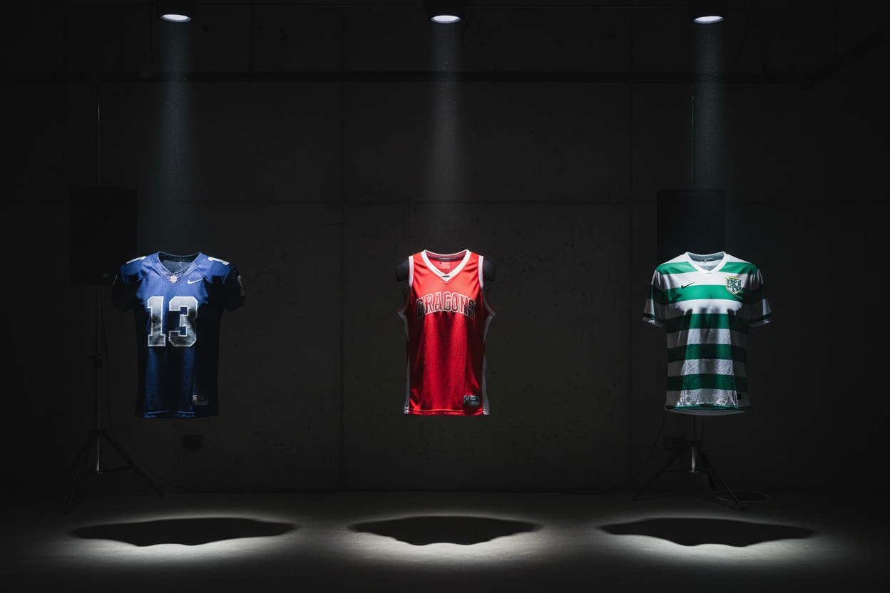 Sports jerseys in a dark environment with a spot light
